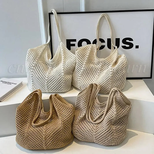 Fashion Women's Hollow Woven Shoulder Bags - Large Capacity Knitting Underarm Bag, Solid Crochet Tote Handbag, Summer Mesh Beach Bag