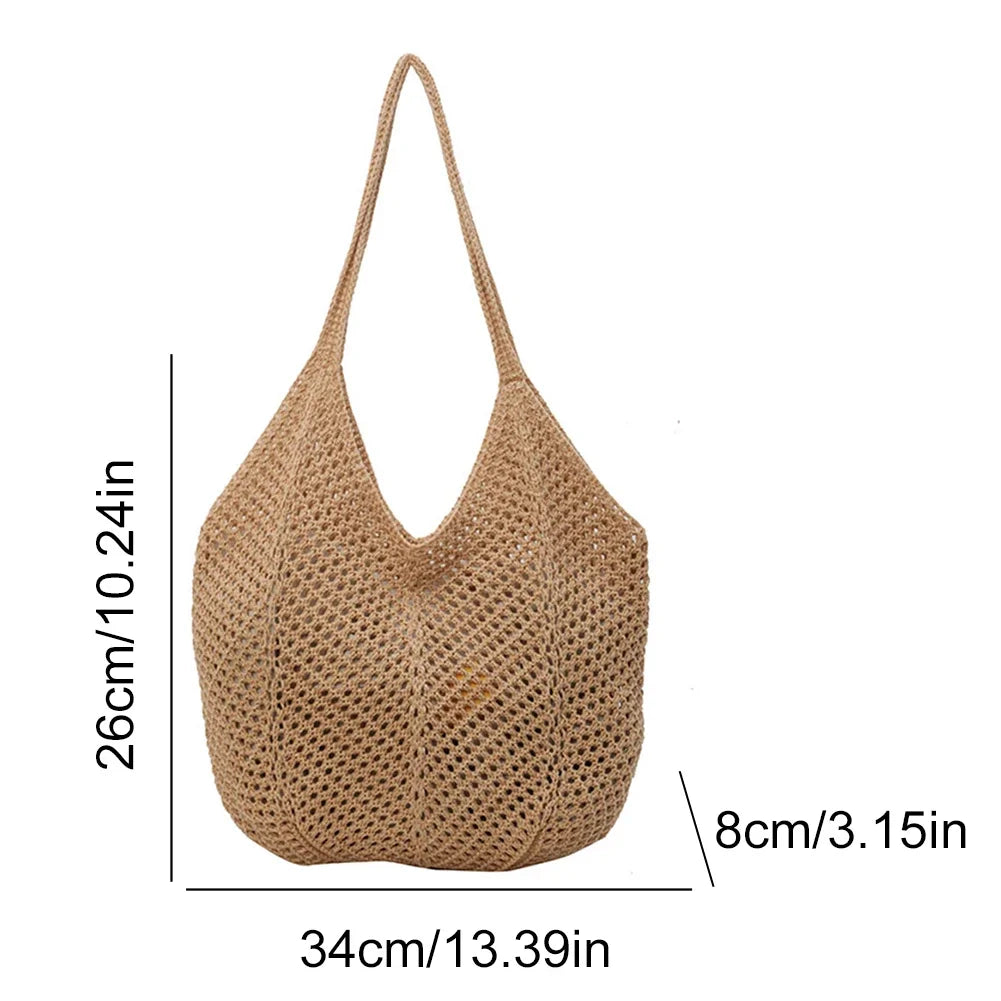 Fashion Women's Hollow Woven Shoulder Bags - Large Capacity Knitting Underarm Bag, Solid Crochet Tote Handbag, Summer Mesh Beach Bag