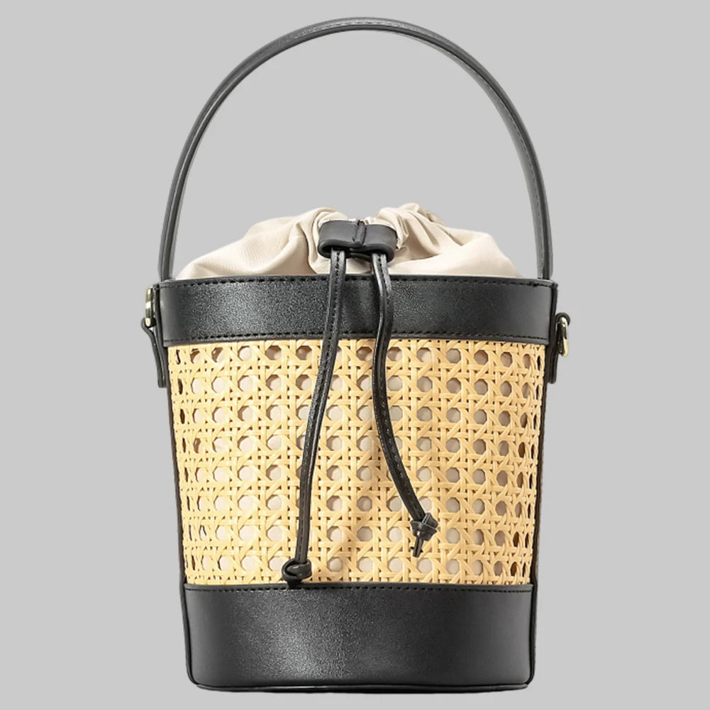 Straw Beach Bag with PU Leather Bucket Design - Summer Hollow Shoulder Bag, Holiday Travel Handbag for Women