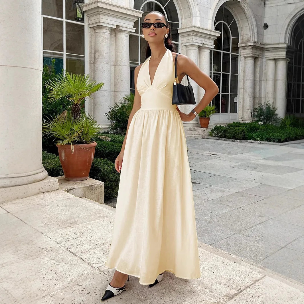 Tornova V neck Bandage Long Dress With Lined Women Fashion Pure Cotton Halter A-line Maxi Dress
