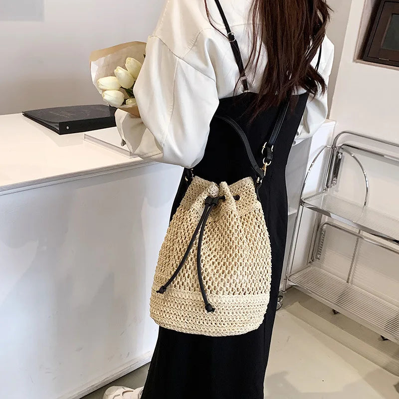 Woven Straw Bag Ladies Bucket Crossbody - Summer Beach Bag, Retro Travel Shoulder Bag, Small Purse and Handbag for Women