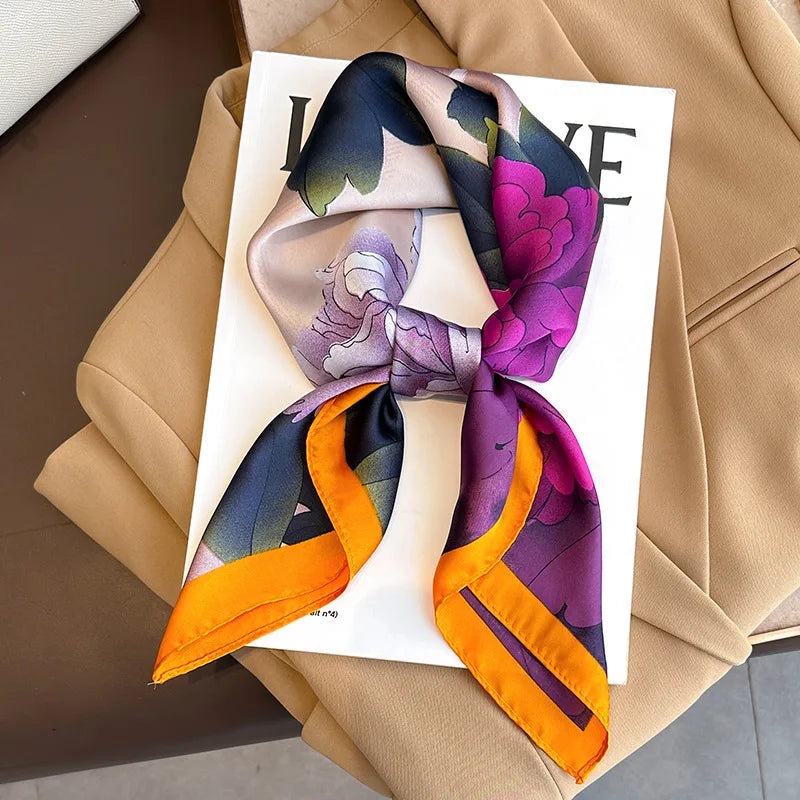 Luxury Silk Satin Head Scarf – Printed 70x70 -  Square Shawl for Women