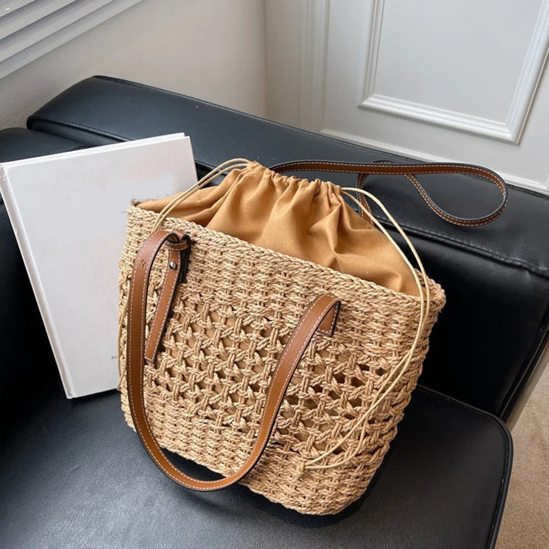 Designer Casual Rattan Wicker Tote Bag - Large Capacity Woven Women's Summer Beach Straw Handbag, Lady Travel Big Basket