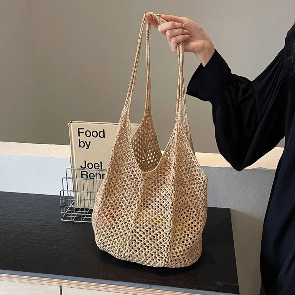 Fashion Women's Hollow Woven Shoulder Bags - Large Capacity Knitting Underarm Bag, Solid Crochet Tote Handbag, Summer Mesh Beach Bag