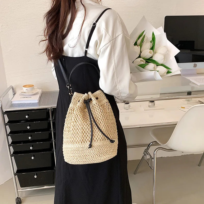 Woven Straw Bag Ladies Bucket Crossbody - Summer Beach Bag, Retro Travel Shoulder Bag, Small Purse and Handbag for Women