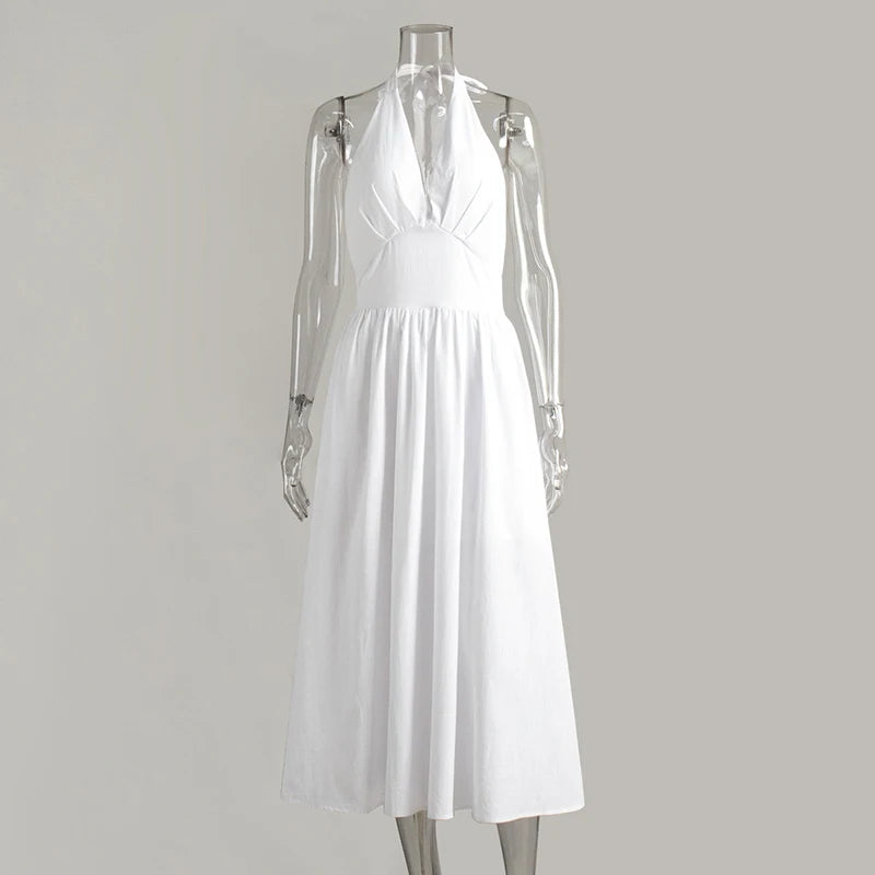 Tornova V neck Bandage Long Dress With Lined Women Fashion Pure Cotton Halter A-line Maxi Dress