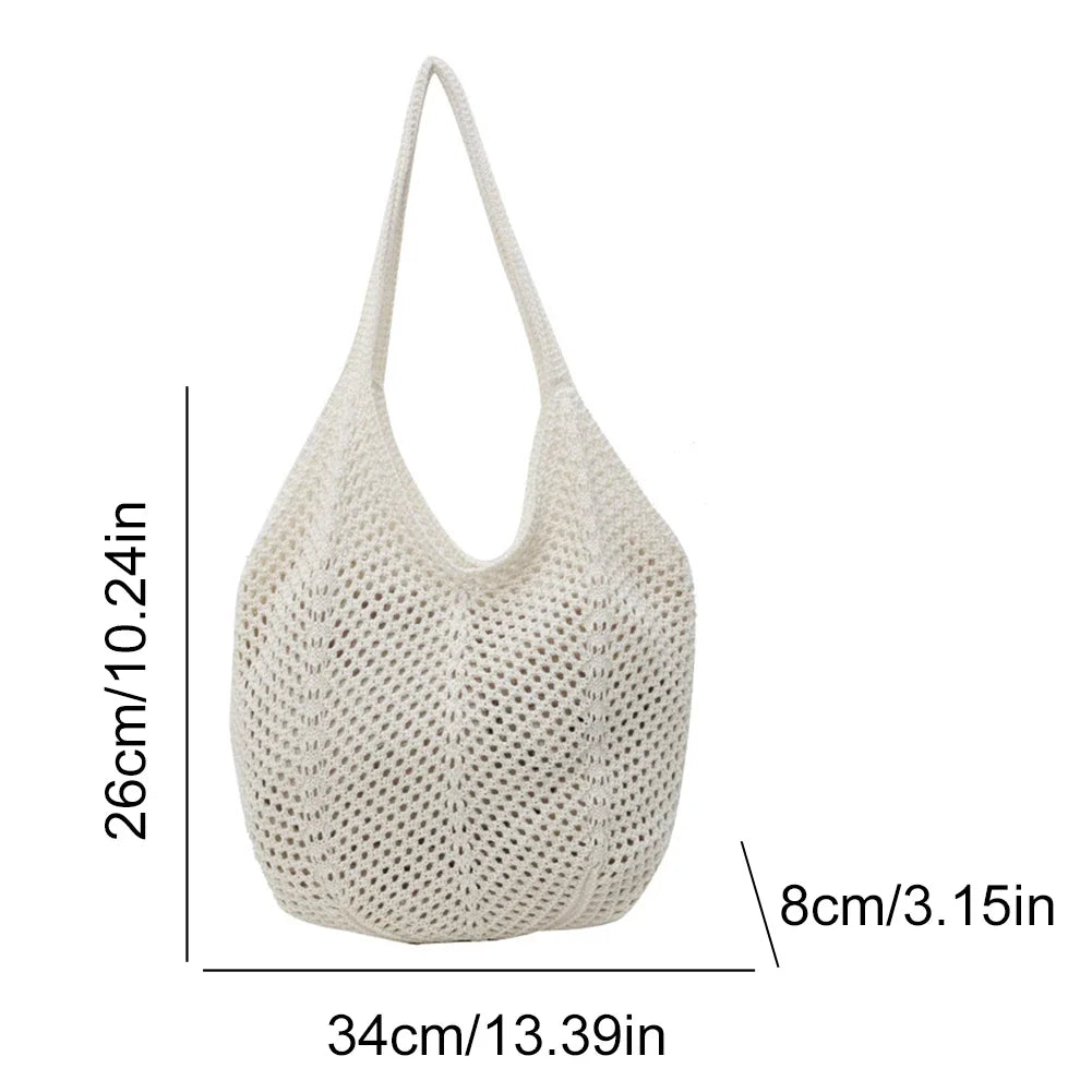 Fashion Women's Hollow Woven Shoulder Bags - Large Capacity Knitting Underarm Bag, Solid Crochet Tote Handbag, Summer Mesh Beach Bag