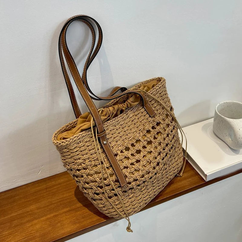 Designer Casual Rattan Wicker Tote Bag - Large Capacity Woven Women's Summer Beach Straw Handbag, Lady Travel Big Basket