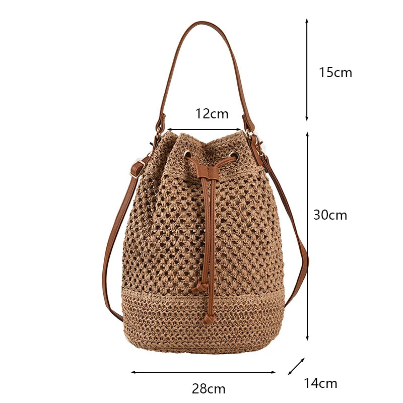 Woven Straw Bag Ladies Bucket Crossbody - Summer Beach Bag, Retro Travel Shoulder Bag, Small Purse and Handbag for Women