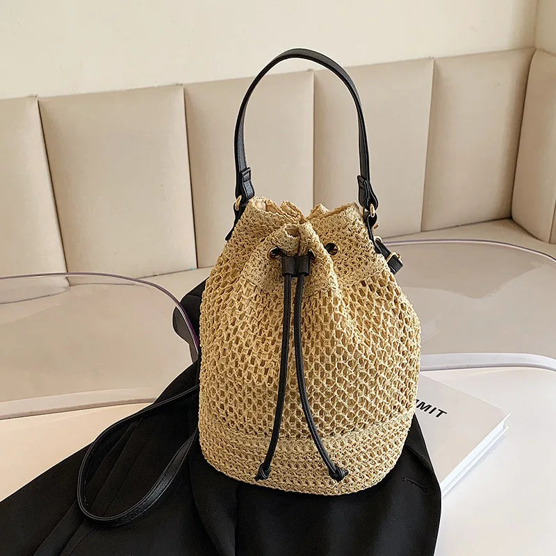 Woven Straw Bag Ladies Bucket Crossbody - Summer Beach Bag, Retro Travel Shoulder Bag, Small Purse and Handbag for Women