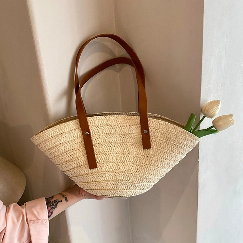 Women’s Braided Basket Top-Handle Bag - Large Capacity Straw Portable Shoulder Bag, Summer Beach Purses, Shopper Satchel