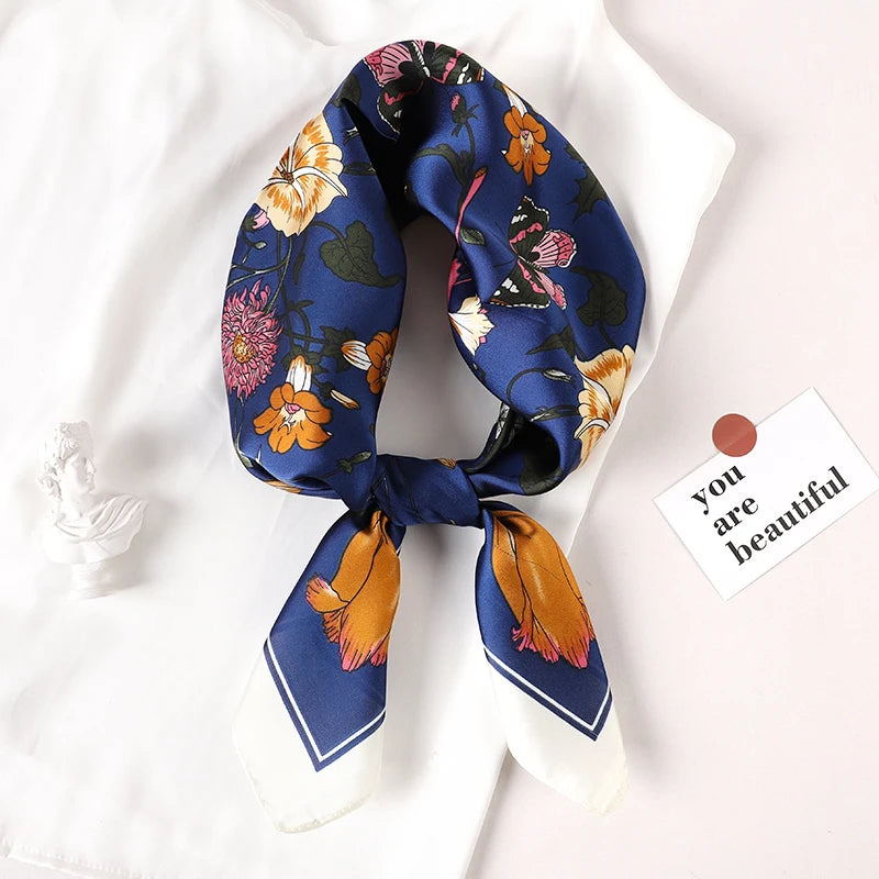 Luxury Silk Satin Head Scarf – Printed 70x70 -  Square Shawl for Women