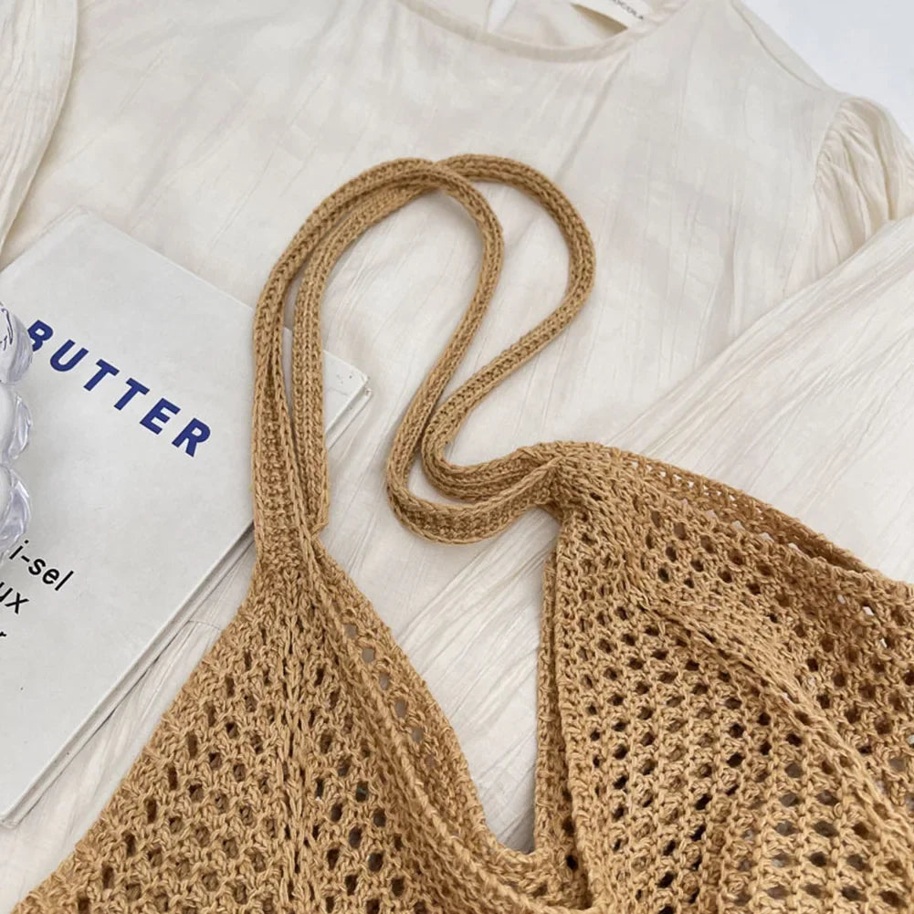 Fashion Women's Hollow Woven Shoulder Bags - Large Capacity Knitting Underarm Bag, Solid Crochet Tote Handbag, Summer Mesh Beach Bag