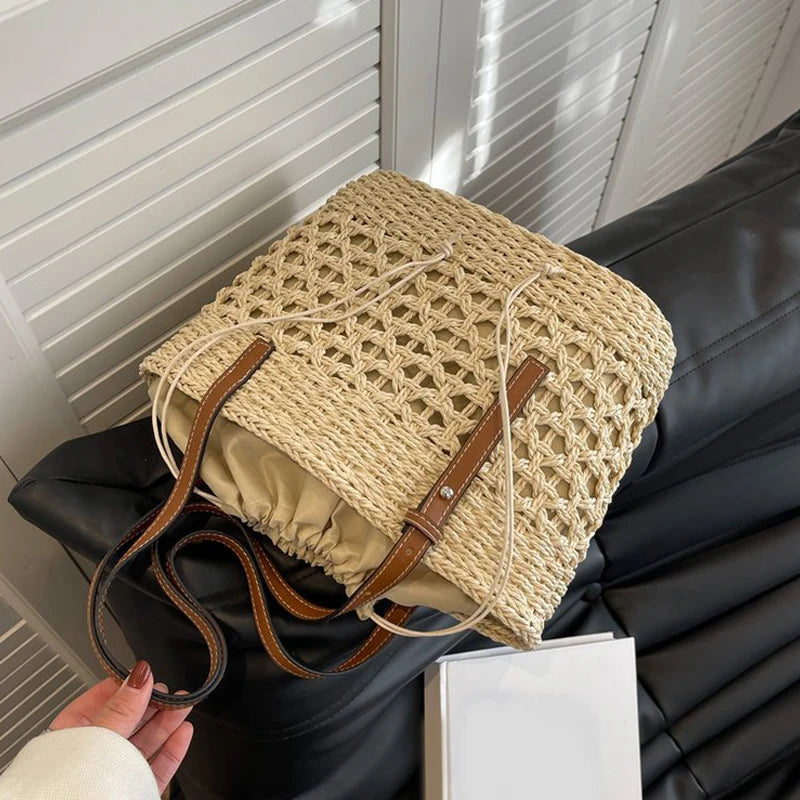 Designer Casual Rattan Wicker Tote Bag - Large Capacity Woven Women's Summer Beach Straw Handbag, Lady Travel Big Basket