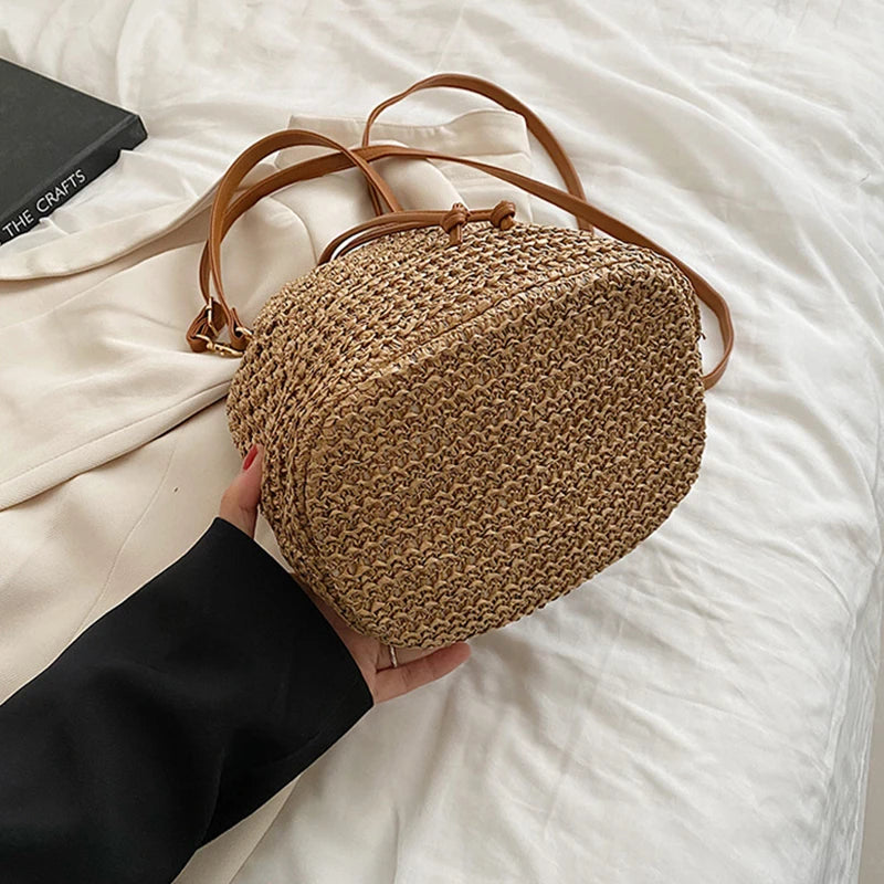 Woven Straw Bag Ladies Bucket Crossbody - Summer Beach Bag, Retro Travel Shoulder Bag, Small Purse and Handbag for Women