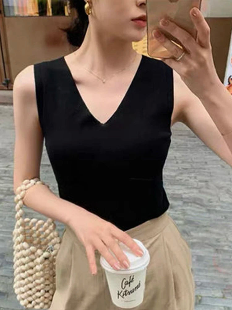 Knitted V-Neck Tank Top – Lightweight Sleeveless Summer Essential for Women