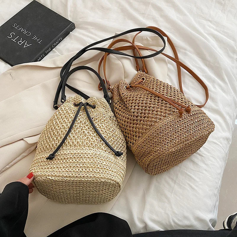 Woven Straw Bag Ladies Bucket Crossbody - Summer Beach Bag, Retro Travel Shoulder Bag, Small Purse and Handbag for Women