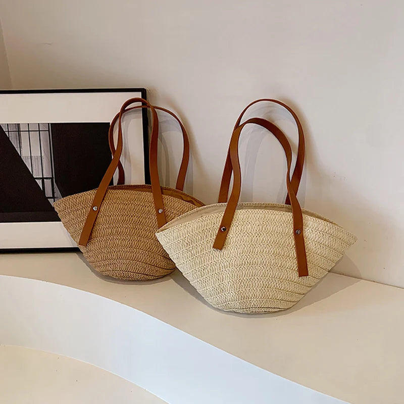 Women’s Braided Basket Top-Handle Bag - Large Capacity Straw Portable Shoulder Bag, Summer Beach Purses, Shopper Satchel