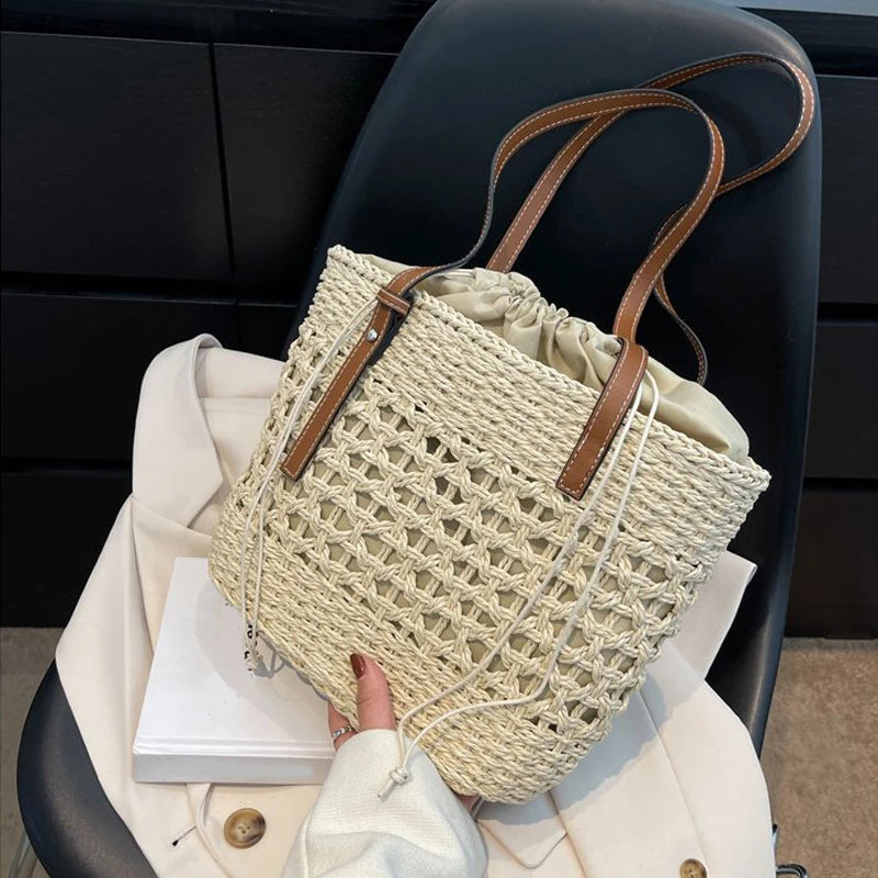 Designer Casual Rattan Wicker Tote Bag - Large Capacity Woven Women's Summer Beach Straw Handbag, Lady Travel Big Basket
