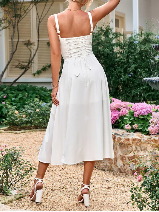 Chiffon Cut-Out Corset Midi Dress – Elegant, Flowy & Perfect for Summer Evenings