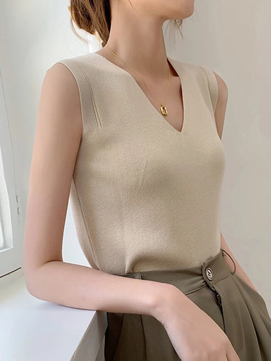 Knitted V-Neck Tank Top – Lightweight Sleeveless Summer Essential for Women