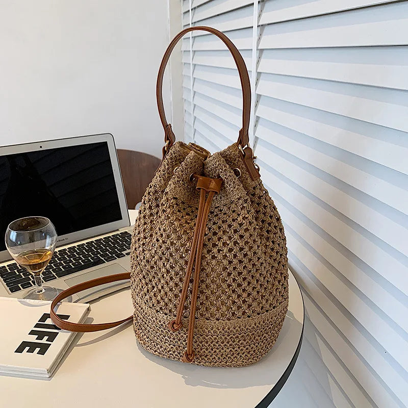 Woven Straw Bag Ladies Bucket Crossbody - Summer Beach Bag, Retro Travel Shoulder Bag, Small Purse and Handbag for Women