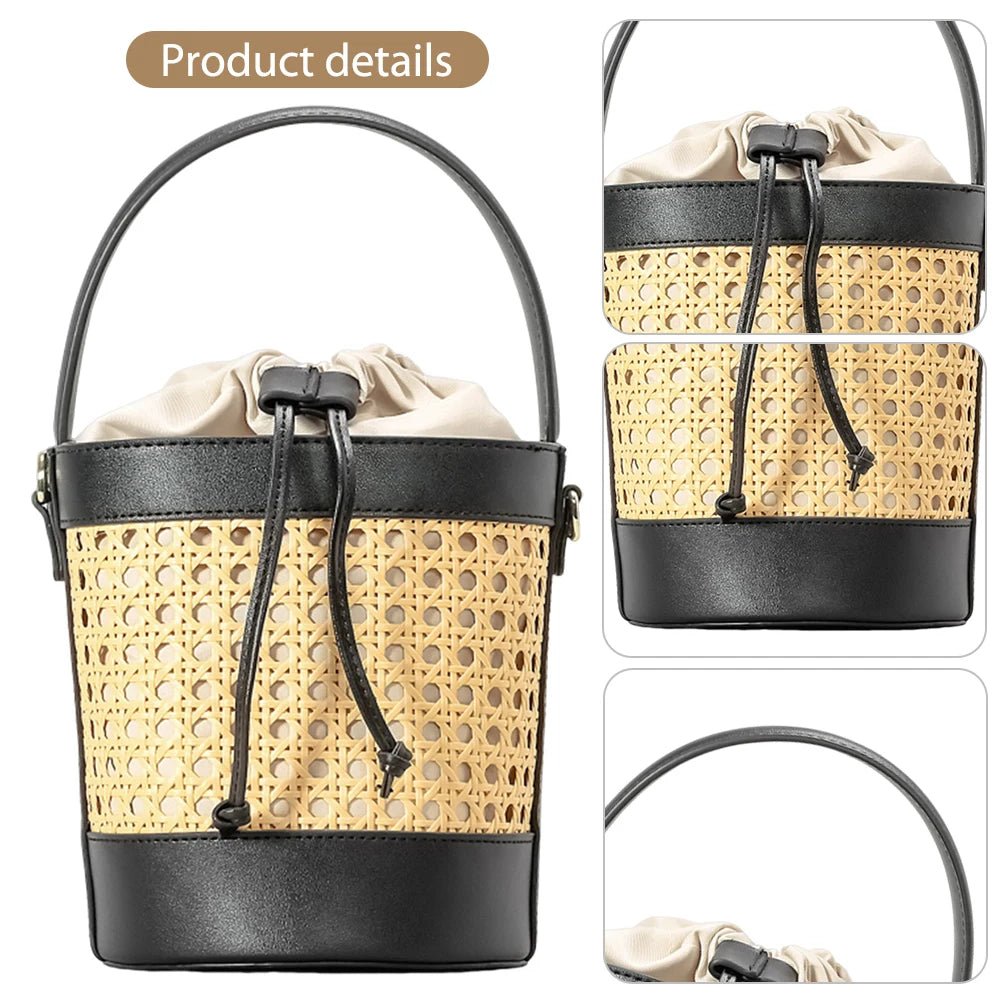 Straw Beach Bag with PU Leather Bucket Design - Summer Hollow Shoulder Bag, Holiday Travel Handbag for Women