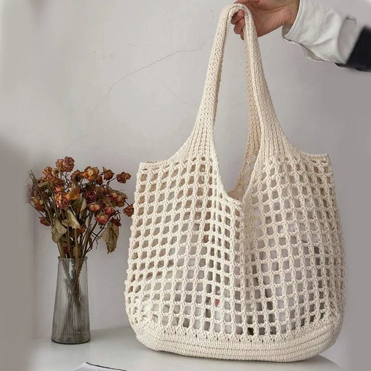 Women's Crochet Tote Bag - Hollow Beach Bag, Large Capacity Fashion Knitted Bag, Solid Color Simple Shopping Bag for Travel and Vacation