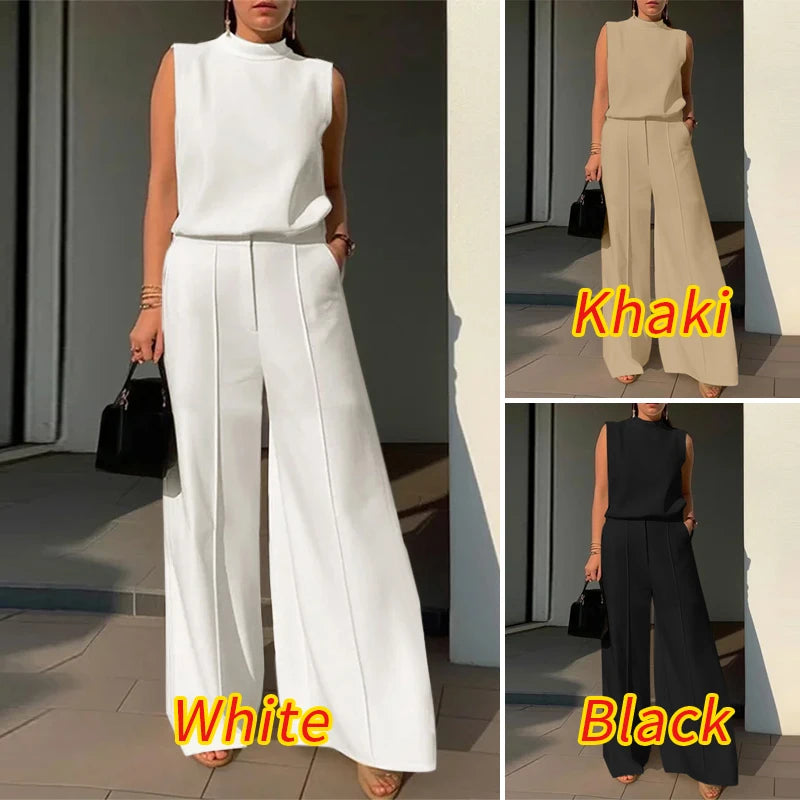 Elegant Women’s 2-Piece Set – Sleeveless Top & Wide-Leg Pants Outfit for Summer Fashion